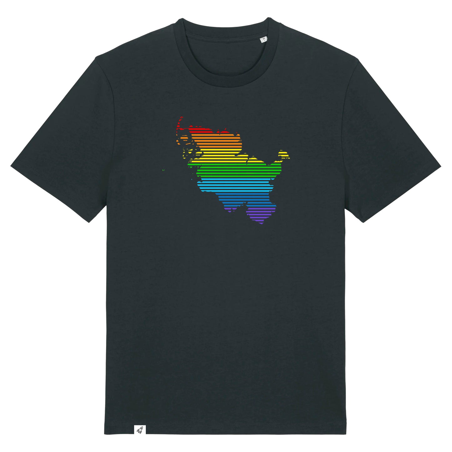 Schwarzes Unisex T-Shirt mit dem Schleswig-Holstein Umriss in Linien und Regenbogenfarben.