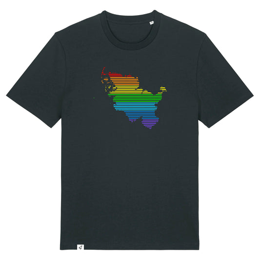 Schwarzes Unisex T-Shirt mit dem Schleswig-Holstein Umriss in Linien und Regenbogenfarben.