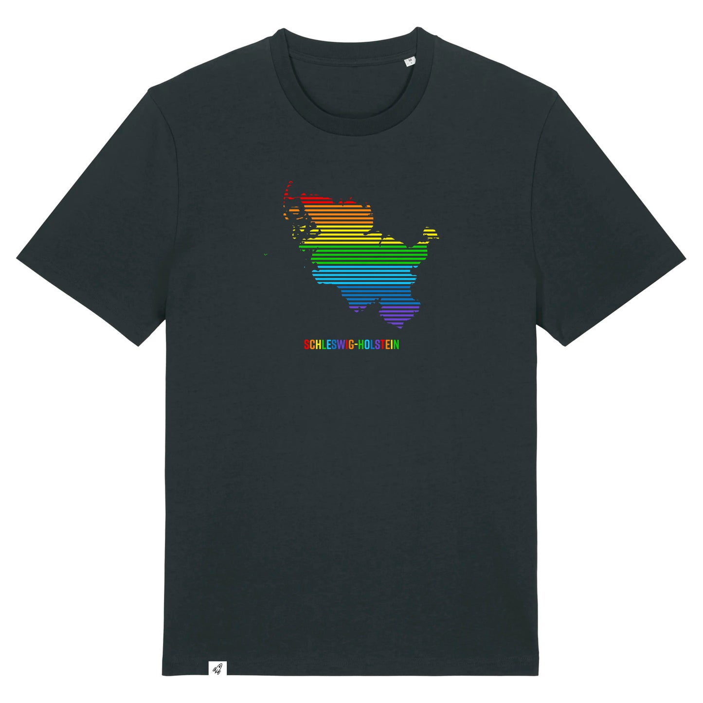 Schwarzes Unisex T-Shirt mit dem Schleswig-Holstein Umriss in Linien und Regenbogenfarben. Darunter der Text Schleswig-Holstein in bunten Farben.