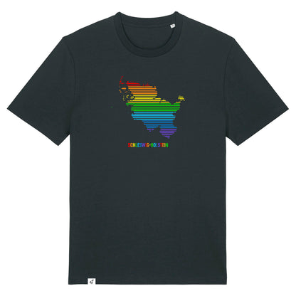 Schwarzes Unisex T-Shirt mit dem Schleswig-Holstein Umriss in Linien und Regenbogenfarben. Darunter der Text Schleswig-Holstein in bunten Farben.