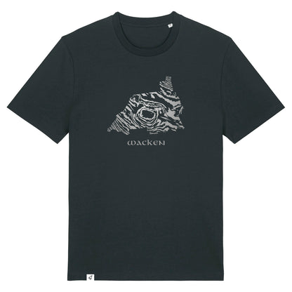 Schwarzes Unisex T-Shirt mit Rundhalsausschnitt. Auf der Brust ist die Ansicht von Wacken in grauem Farbverlauf. Die Fläche hat das Muster eines Damastmessers. Darunter steht in altmodischer grauer Schriftart Wacken. Die Farbe vom T-Shirt heißt Black.