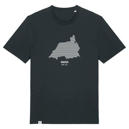 Schwarzes Unisex T-Shirt mit Rundhalsausschnitt. Auf der Brust ist in weißen Streifen der Umriss von Wacken. Darunter steht Wacken 54° N und 9° E. Die Farbe vom T-Shirt heißt Black.