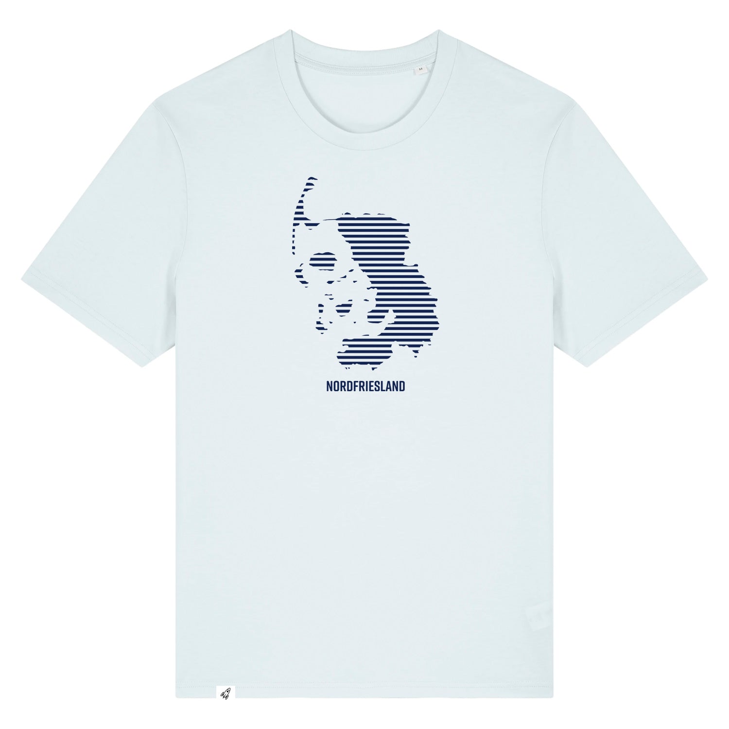 Hellblaues Unisex T-Shirt mit dem Nordfriesland Umriss in dunkelblauen Streifen.