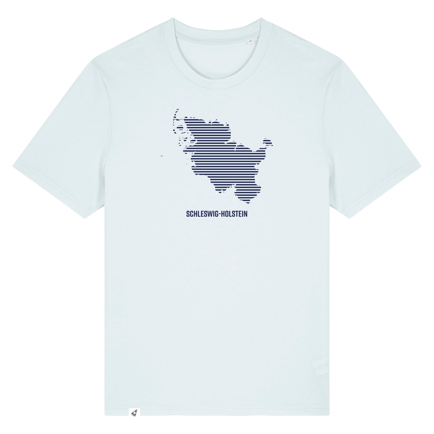 Hellblaues Unisex T-Shirt mit Rundhalsausschnitt. Auf der Brust ist in blauen Streifen der Umriss von Schleswig-Holstein. Darunter steht Schleswig-Holstein. Die Farbe vom T-Shirt heißt Blue Ice.