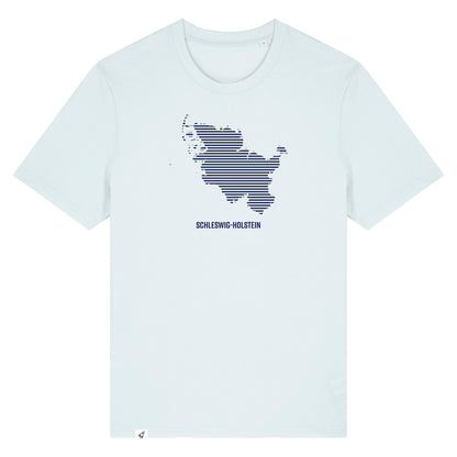 Hellblaues Unisex T-Shirt mit Rundhalsausschnitt. Auf der Brust ist in blauen Streifen der Umriss von Schleswig-Holstein. Darunter steht Schleswig-Holstein. Die Farbe vom T-Shirt heißt Blue Ice.