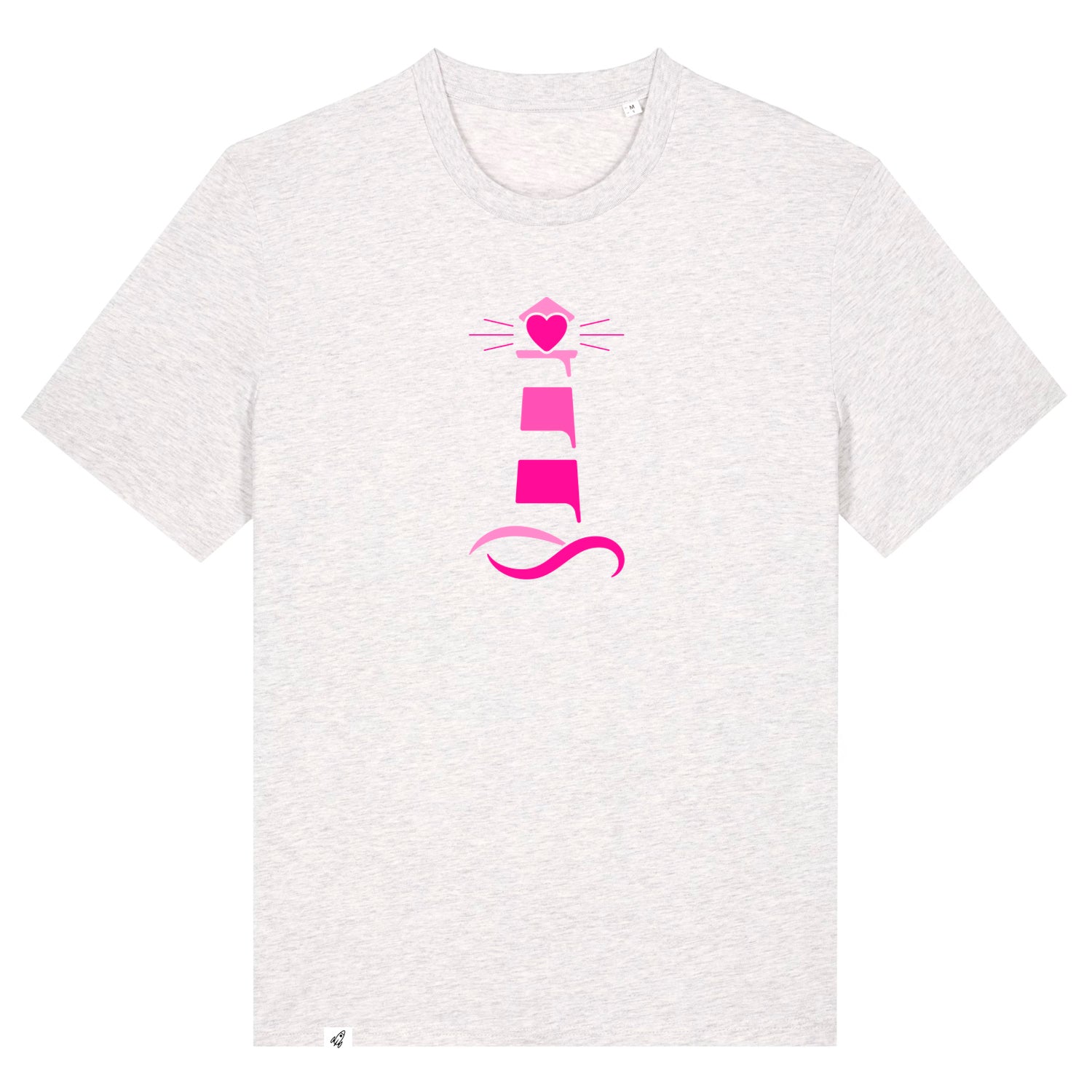 Hellgraues Unisex T-Shirt aus der Pinktober Kollektion mit Leuchtturm Motiv.