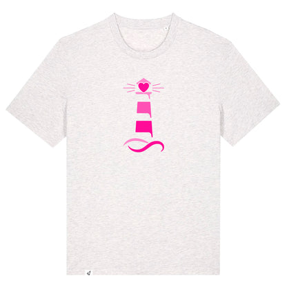 Hellgraues Unisex T-Shirt aus der Pinktober Kollektion mit Leuchtturm Motiv.