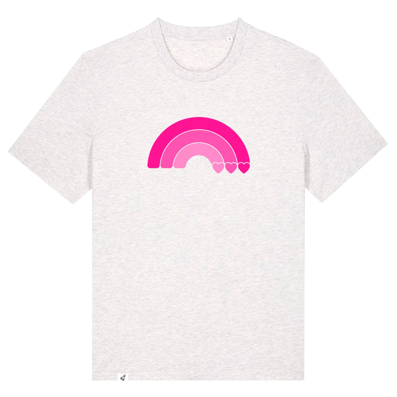 Hellgraues Unisex T-Shirt aus der Pinktober Kollektion mit Regenbogen Motiv.