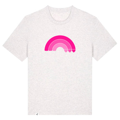 Hellgraues Unisex T-Shirt aus der Pinktober Kollektion mit Regenbogen Motiv.