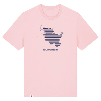 Pinkes Unisex T-Shirt mit Rundhalsausschnitt. Auf der Brust ist in blauen Streifen der Umriss von Schleswig-Holstein. Darunter steht Schleswig-Holstein. Die Farbe vom T-Shirt heißt Cotton Pink.