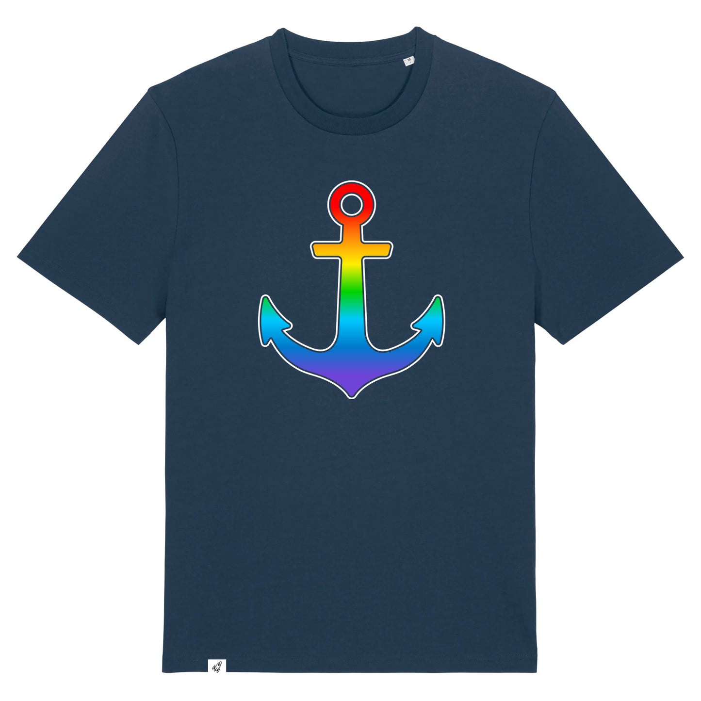 Dunkelblaues Unisex T-Shirt mit Anker im Regenbogenverlauf.
