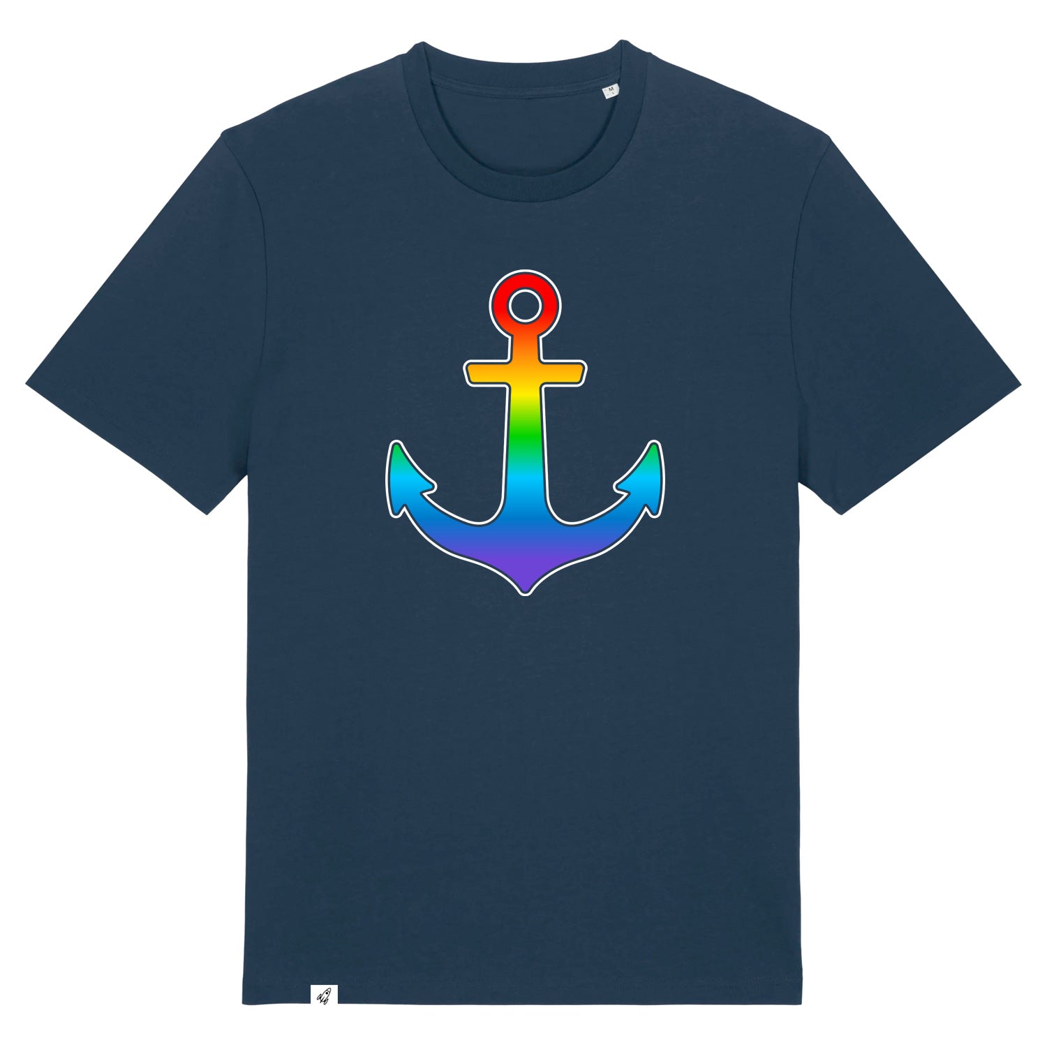 Dunkelblaues Unisex T-Shirt mit Anker im Regenbogenverlauf.