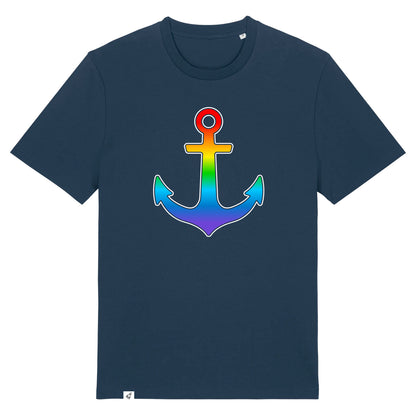 Dunkelblaues Unisex T-Shirt mit Anker im Regenbogenverlauf.