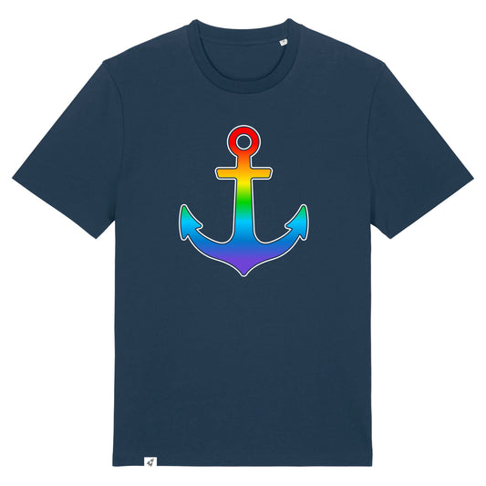 Dunkelblaues Unisex T-Shirt mit Anker im Regenbogenverlauf.