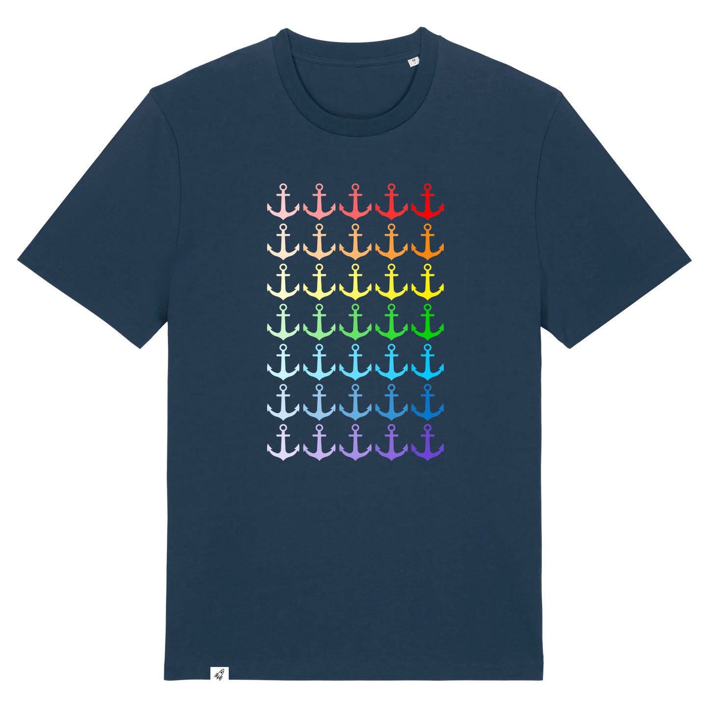 Dunkelblaues Unisex T-Shirt mit vielen bunten Ankern in Regenbogenfarben.