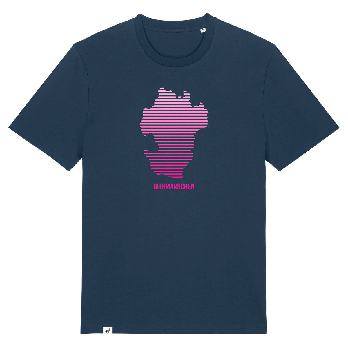 Dunkelblaues Unisex T-Shirt mit Rundhals-Ausschnitt. Auf der Brust ist in pinken Verlaufs-Streifen der Umriss von Dithmarschen. Unter dem Umriss steht Dithmarschen.