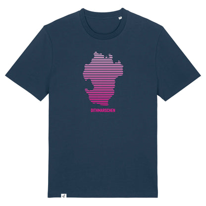 Dunkelblaues Unisex T-Shirt mit Rundhals-Ausschnitt. Auf der Brust ist in pinken Verlaufs-Streifen der Umriss von Dithmarschen. Unter dem Umriss steht Dithmarschen.