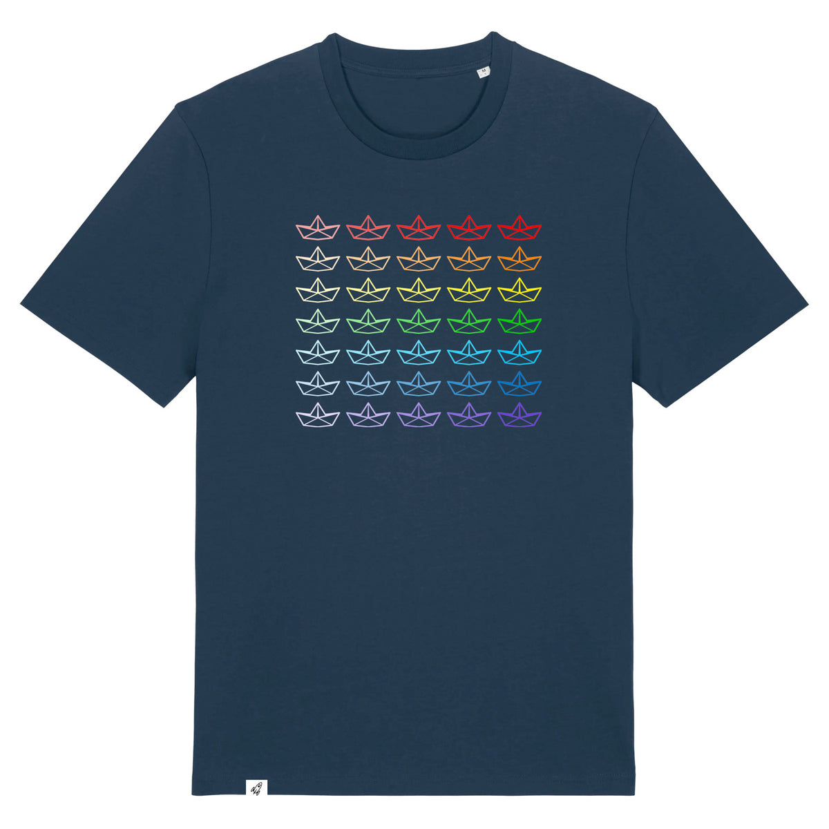 Dunkelblaues Unisex T-Shirt mit vielen bunten Faltbooten in Regenbogenfarben.