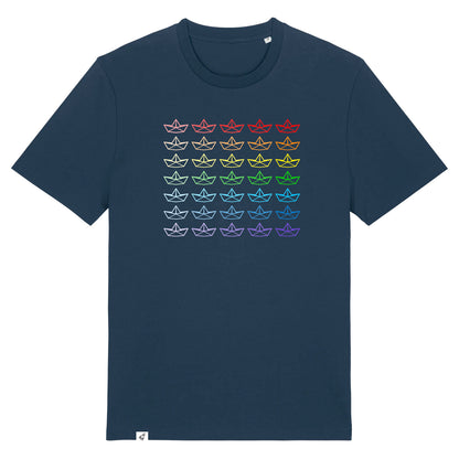 Dunkelblaues Unisex T-Shirt mit vielen bunten Faltbooten in Regenbogenfarben.