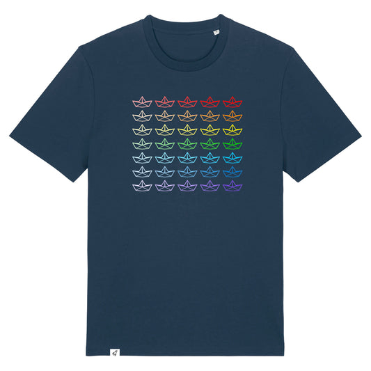 Dunkelblaues Unisex T-Shirt mit vielen bunten Faltbooten in Regenbogenfarben.
