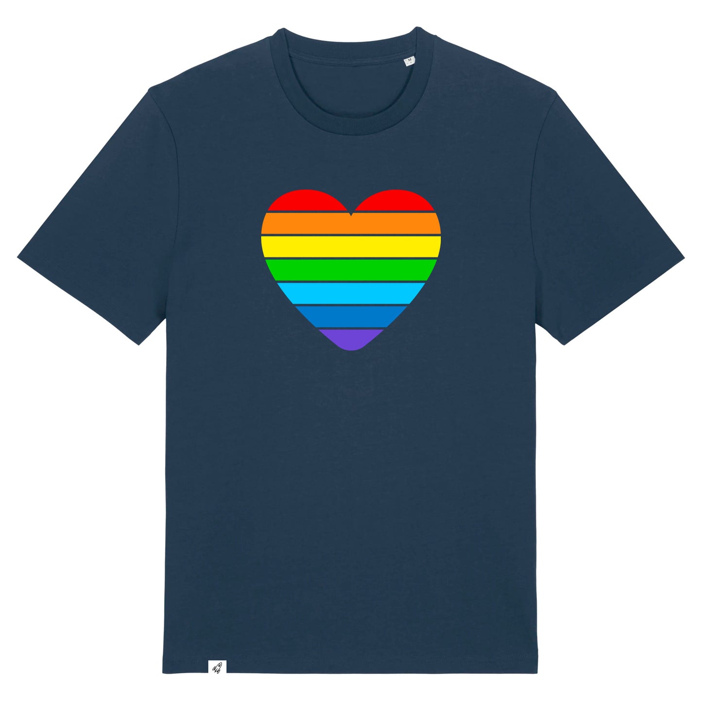 Dunkelblaues Unisex T-Shirt mit einem großen buntem Herz in Regenbogenfarben.