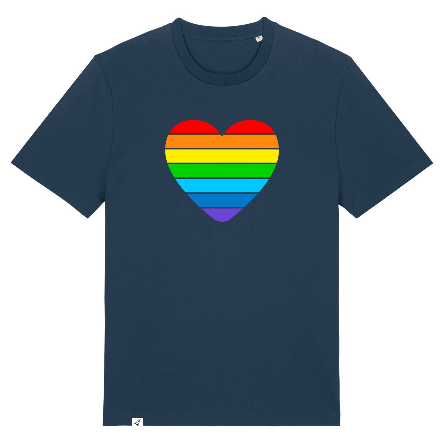 Dunkelblaues Unisex T-Shirt mit einem großen buntem Herz in Regenbogenfarben.
