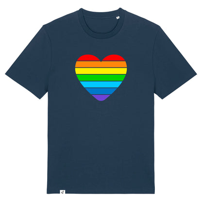 Dunkelblaues Unisex T-Shirt mit einem großen buntem Herz in Regenbogenfarben.