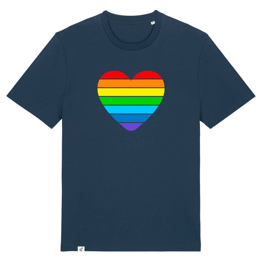 Dunkelblaues Unisex T-Shirt mit einem großen buntem Herz in Regenbogenfarben.