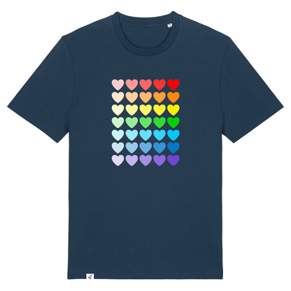 Dunkelblaues Unisex T-Shirt mit vielen bunten Herzen in Regenbogenfarben.