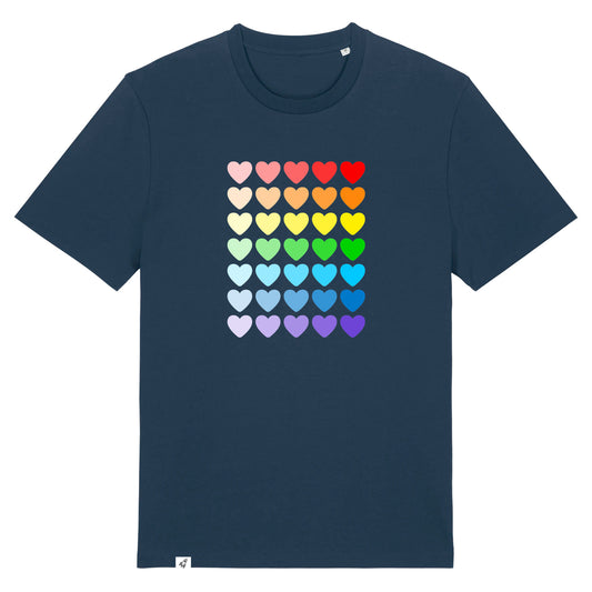 Dunkelblaues Unisex T-Shirt mit vielen bunten Herzen in Regenbogenfarben.