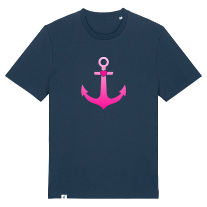 Dunkelblaues Unisex T-Shirt aus der Pinktober Kollektion mit Anker Motiv.