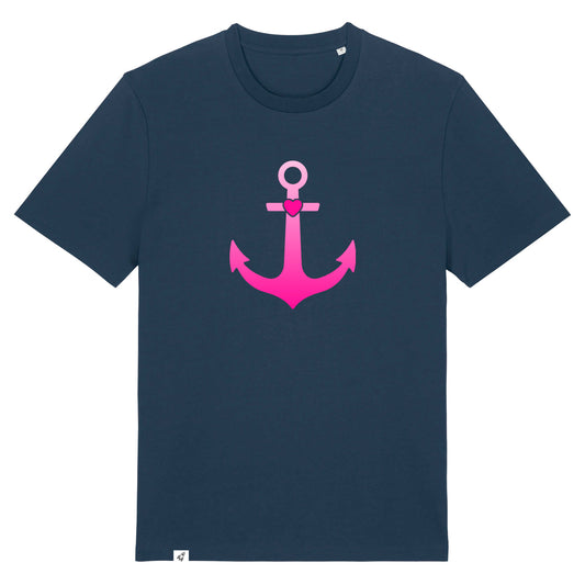 Dunkelblaues Unisex T-Shirt aus der Pinktober Kollektion mit Anker Motiv.
