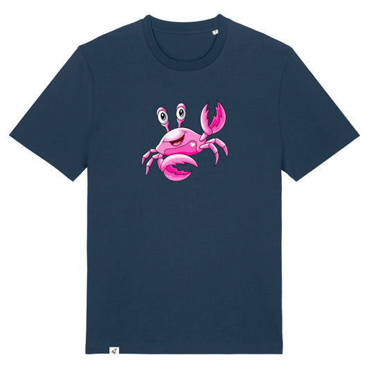 Dunkelblaues Unisex T-Shirt aus der Pinktober Kollektion mit Krebs Motiv.
