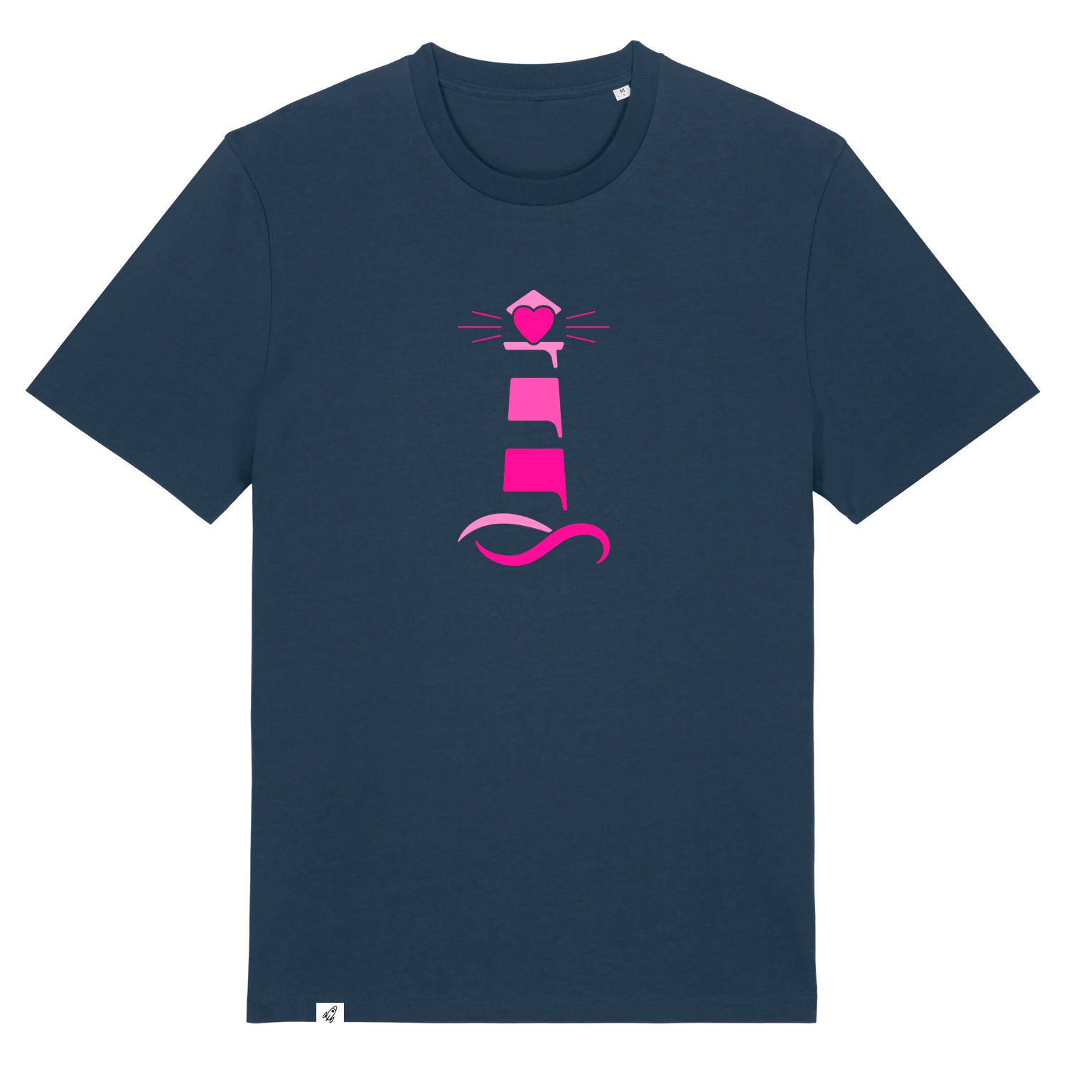 Dunkelblaues Unisex T-Shirt aus der Pinktober Kollektion mit Leuchtturm Motiv.