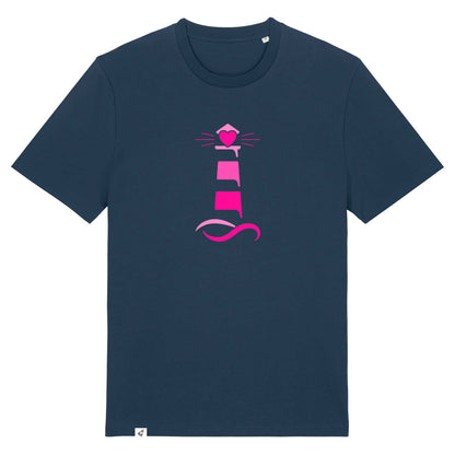 Dunkelblaues Unisex T-Shirt aus der Pinktober Kollektion mit Leuchtturm Motiv.