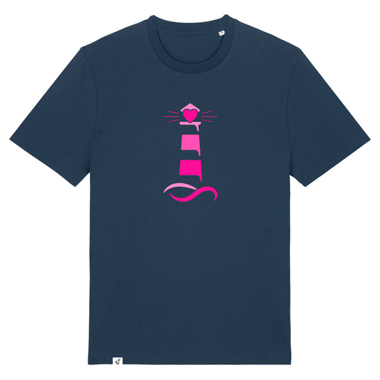 Dunkelblaues Unisex T-Shirt aus der Pinktober Kollektion mit Leuchtturm Motiv.