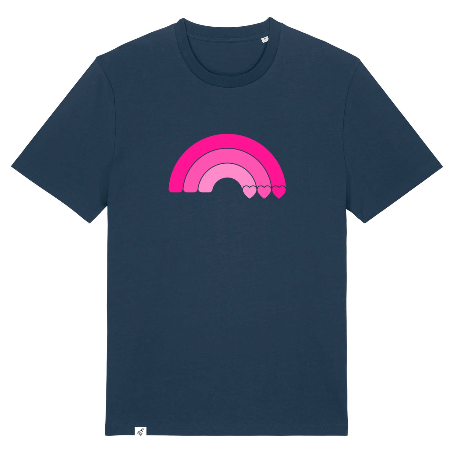 Dunkelblaues Unisex T-Shirt aus der Pinktober Kollektion mit Regenbogen Motiv.
