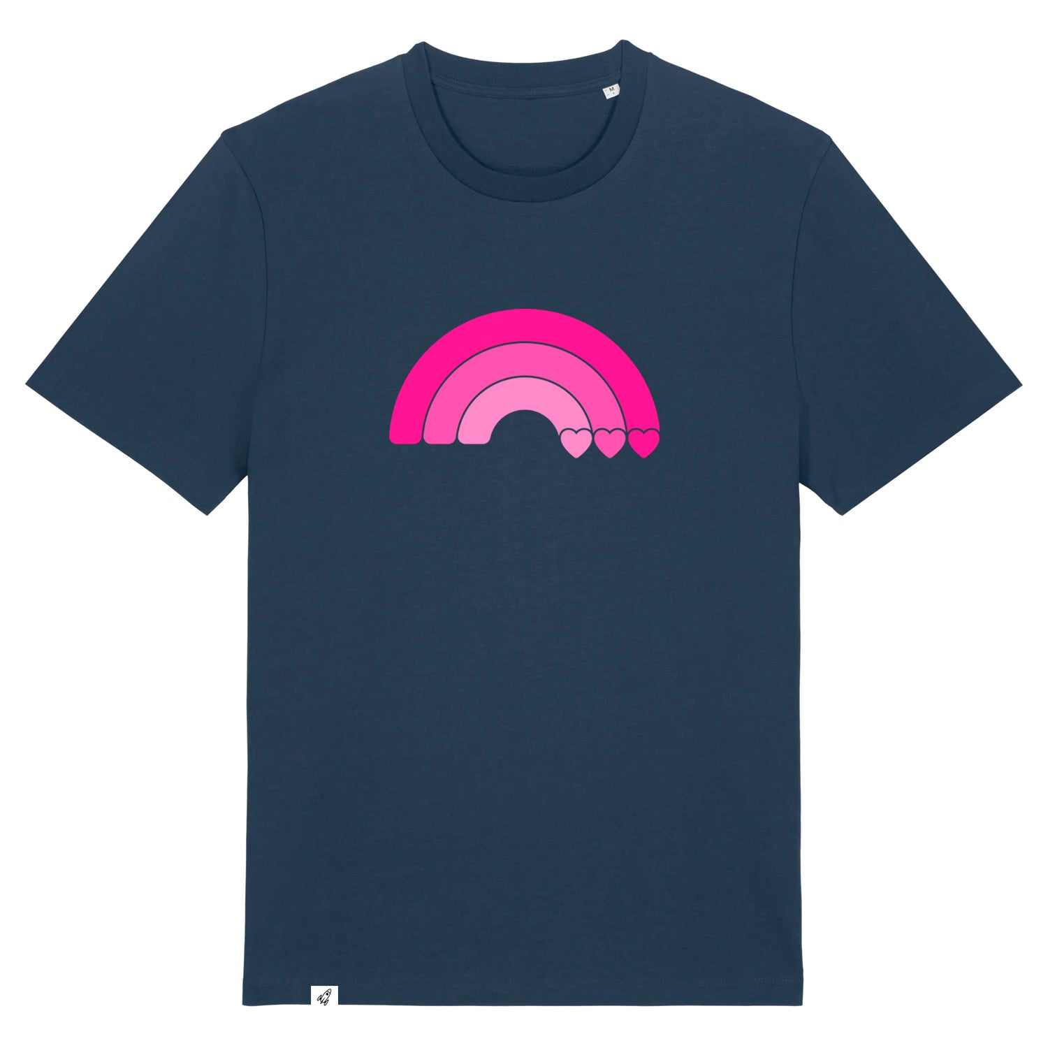 Dunkelblaues Unisex T-Shirt aus der Pinktober Kollektion mit Regenbogen Motiv.