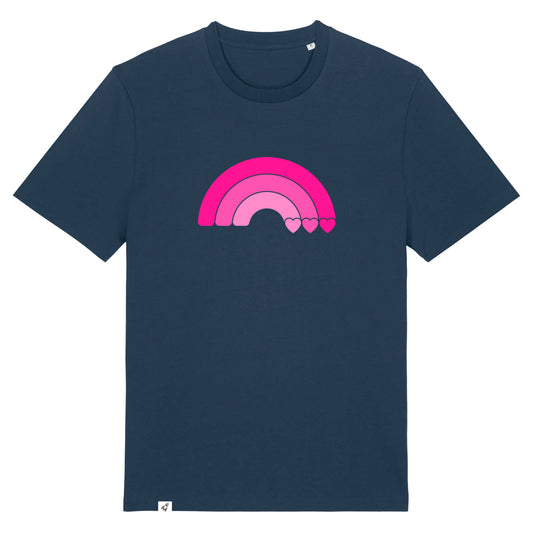Dunkelblaues Unisex T-Shirt aus der Pinktober Kollektion mit Regenbogen Motiv.