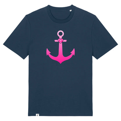 Dunkelblaues Unisex T-Shirt aus der Pinktober Kollektion mit Anker Motiv.