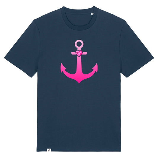 Dunkelblaues Unisex T-Shirt aus der Pinktober Kollektion mit Anker Motiv.