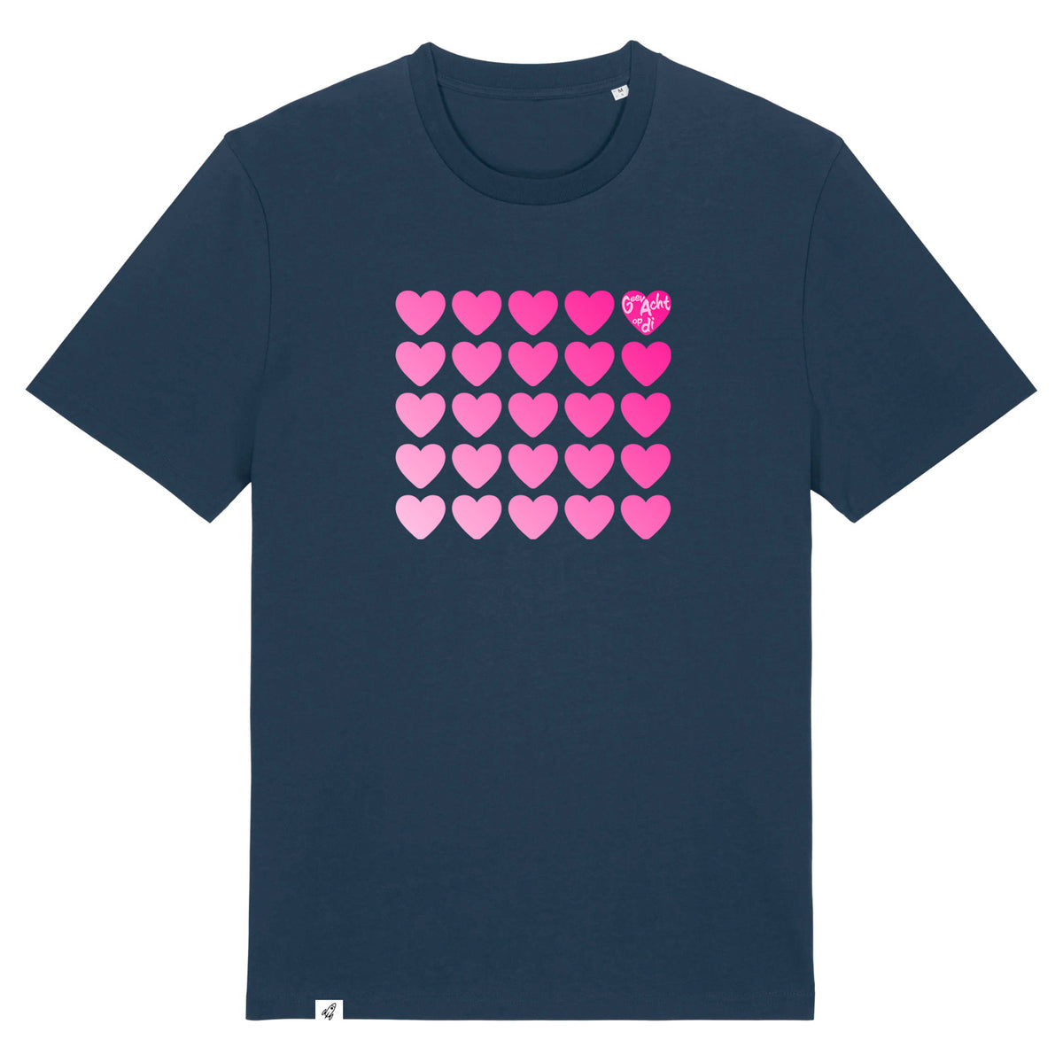 Dunkelblaues Unisex rundhals T-Shirt mit dem Pinktober Herzen Aufdruck auf der Brust.