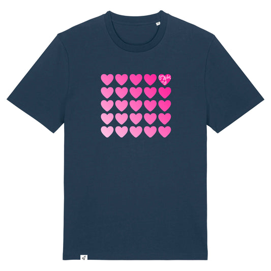 Dunkelblaues Unisex rundhals T-Shirt mit dem Pinktober Herzen Aufdruck auf der Brust.