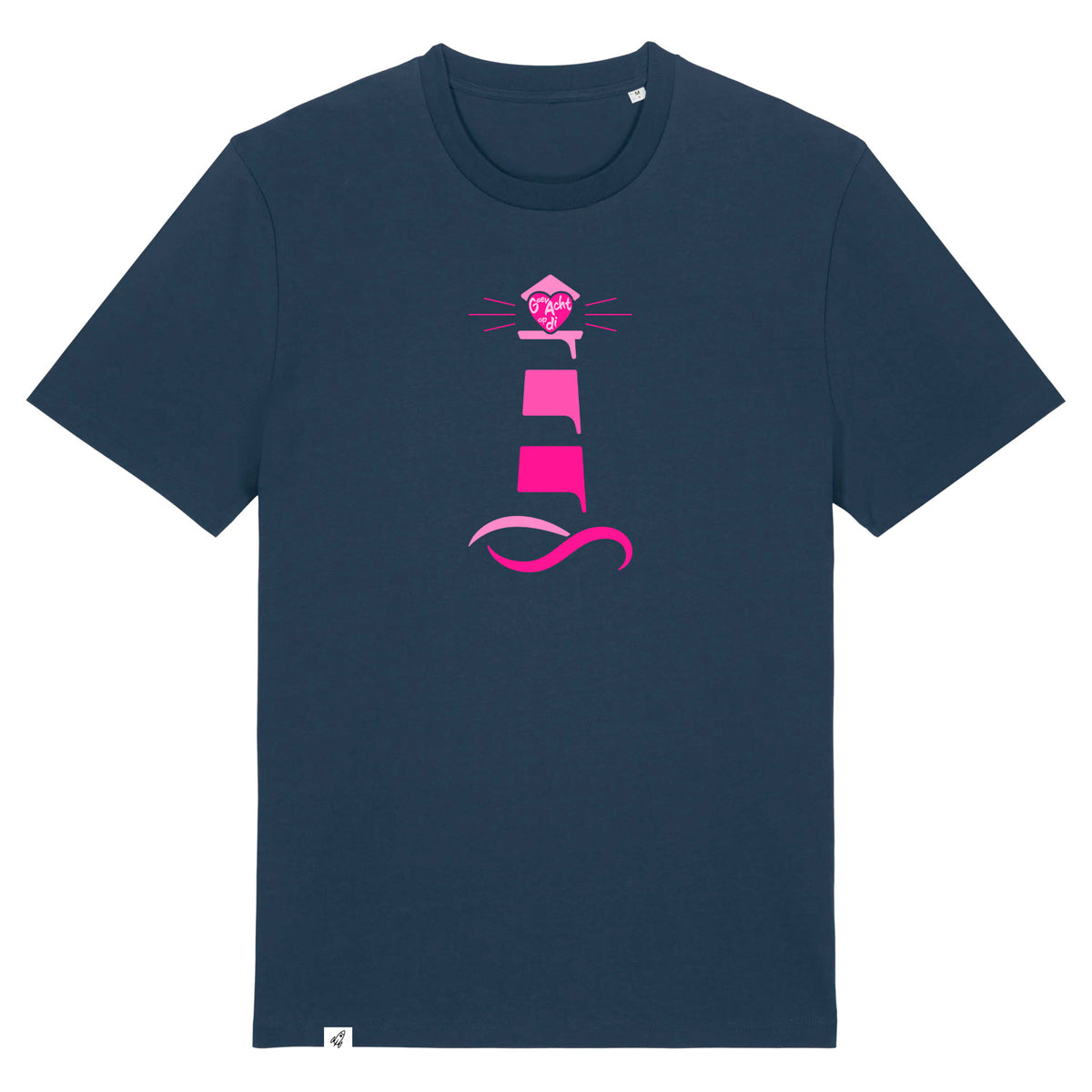 Dunkelblaues Unisex T-Shirt aus der Pinktober Kollektion mit Leuchtturm Motiv.