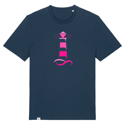 Dunkelblaues Unisex T-Shirt aus der Pinktober Kollektion mit Leuchtturm Motiv.