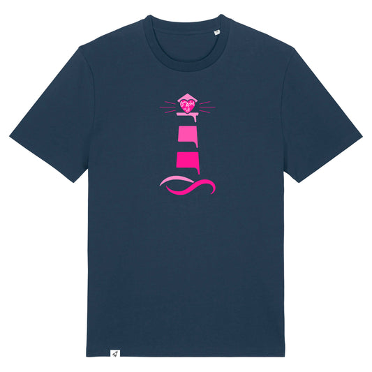 Dunkelblaues Unisex T-Shirt aus der Pinktober Kollektion mit Leuchtturm Motiv.