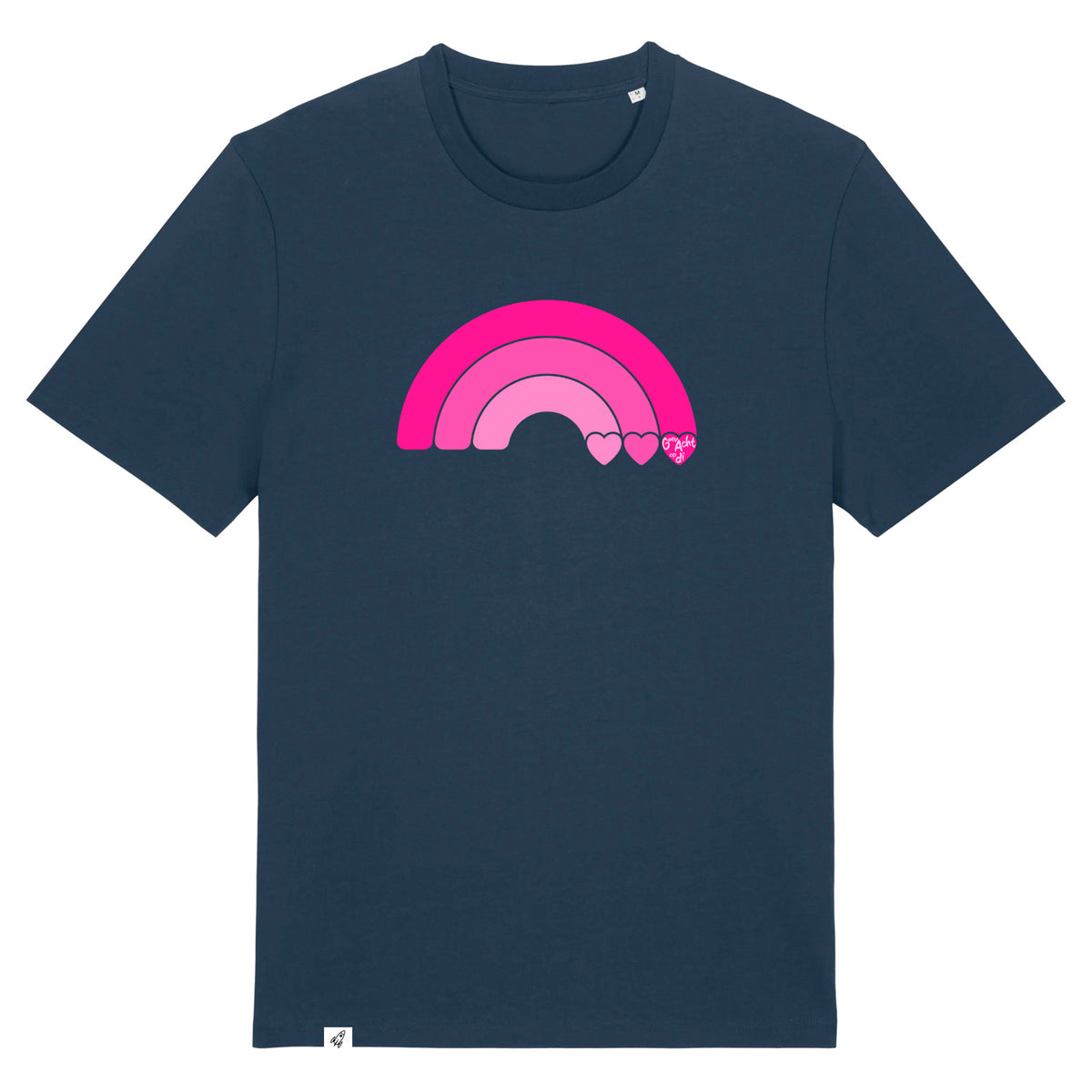 Dunkelblaues Unisex T-Shirt aus der Pinktober Kollektion mit Regenbogen Motiv.