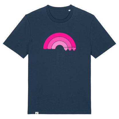 Dunkelblaues Unisex T-Shirt aus der Pinktober Kollektion mit Regenbogen Motiv.