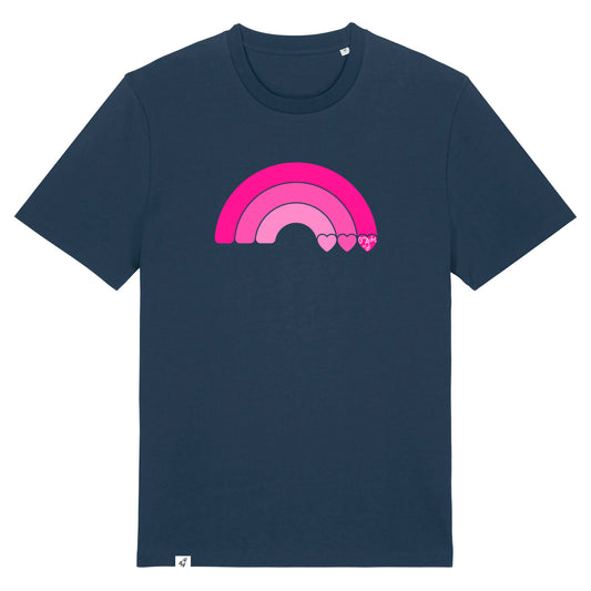 Dunkelblaues Unisex T-Shirt aus der Pinktober Kollektion mit Regenbogen Motiv.