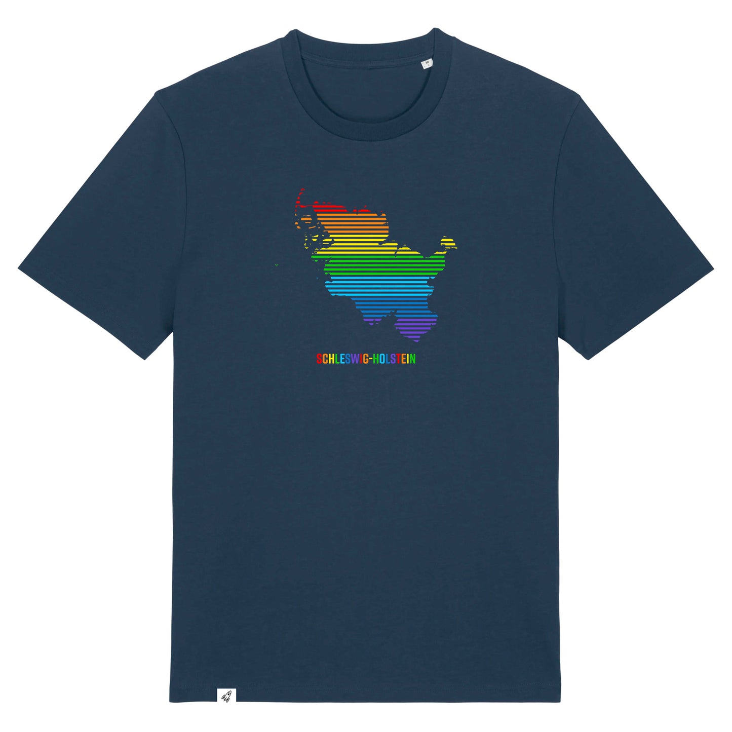 Dunkelblaues Unisex T-Shirt mit dem Schleswig-Holstein Umriss in Linien und Regenbogenfarben. Darunter der Text Schleswig-Holstein in bunten Farben.